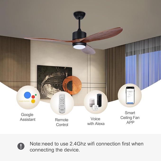 Ovlaim 60 Inch Wood Ceiling Fan with Light, Quiet DC Motor, Smart 6-Speed | 35dB Quiet, Solid Wood Blades, 3-Color Dimmable, Memory Function, App & Voice, Reversible Motor, Living Room Patio