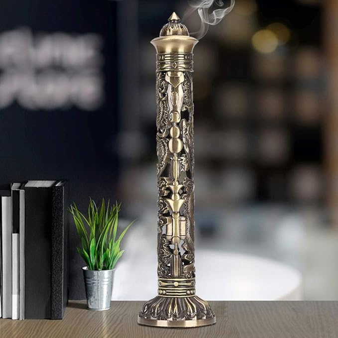 Vertical Incense, Retro Incense Tower Holder Brass Stick Incense Holder Incense with Dragon Phoenix Pattern for Home Office Yoga Meditation, 8.5x7cm/3.3x2.8in