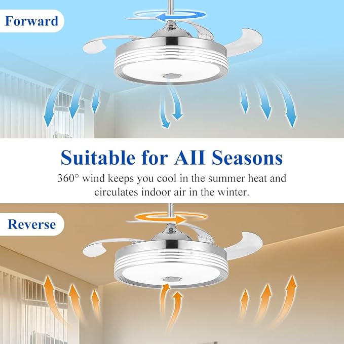 42 inch Retractable Ceiling Fan with Lights and Remote Control, 6Speed Dimmable Fandelier, RGB Modern Smart Ceiling Fan Light with Bluetooth Speaker, Reversible Bedroom