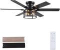 Hounberi 52" Farmhouse Ceiling Fans with Lights and Remote, Industrial Black Flush Mount Ceiling Fan with 6 Double-Sided Blades, 6 Speed Reversible Motor, Caged Rustic Ceiling Fans for Living Room