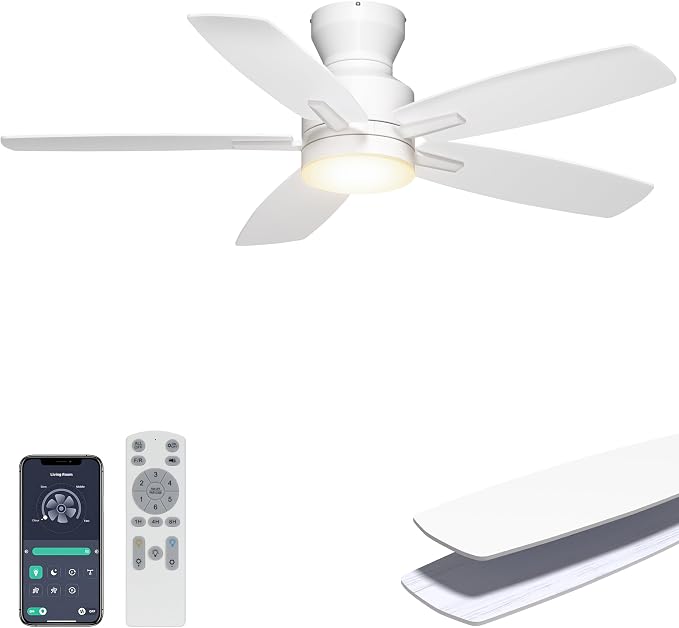 Ohniyou Ceiling Fans with Lights, 42'' Low Profile Ceiling Fan with Light and Remote/APP Control, Modern Flush Mount Ceiling Fan for Indoor Bedroom Kitchen, Dimmable, Quiet DC Motor, White