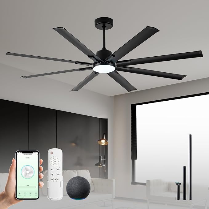 Minislak 72 Inch Ceiling Fan with Light,Industrial Ceiling Fan with 8 Black Aluminium Blades,Smart Fan Compatible with Alexa,Garage Outdoor Indoor Fan for Patio and Living Room