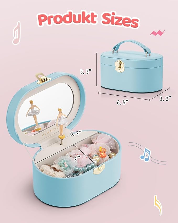 VLANDO Musical Jewelry Box for Girls - Kid Music Box with Ballerina for Birthday Bedroom Decor - Birthday Gift for Girls Ages 4 5 6 7 8-12 Year Old - Blue