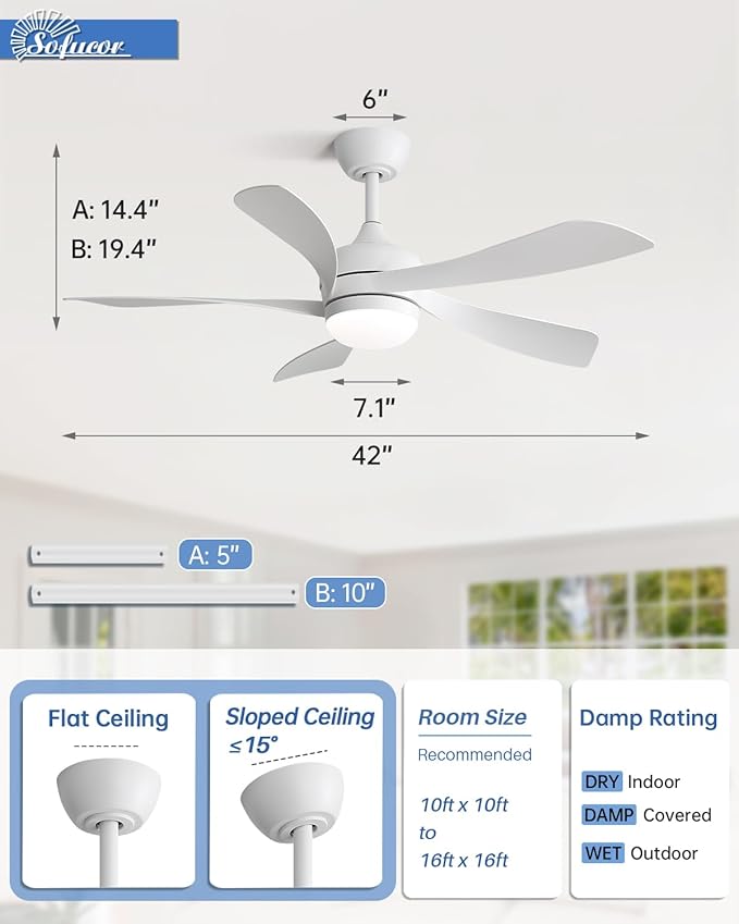 Sofucor 42" Smart Ceiling Fan, Indoor/Outdoor White Ceiling Fans with Lights and Remote, Works with Alexa/Google/App, 3-Color Light 6-Speed Timing Reversible DC Motor for Bedroom Living Room Patio