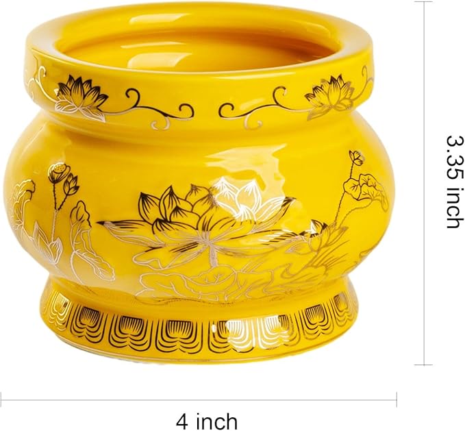 Houlu Small Yellow Ceramic Incense Burner Pot for Praying Buddha, Tibetan Buddhist Altar Worship Incense Censer - 4 Inches