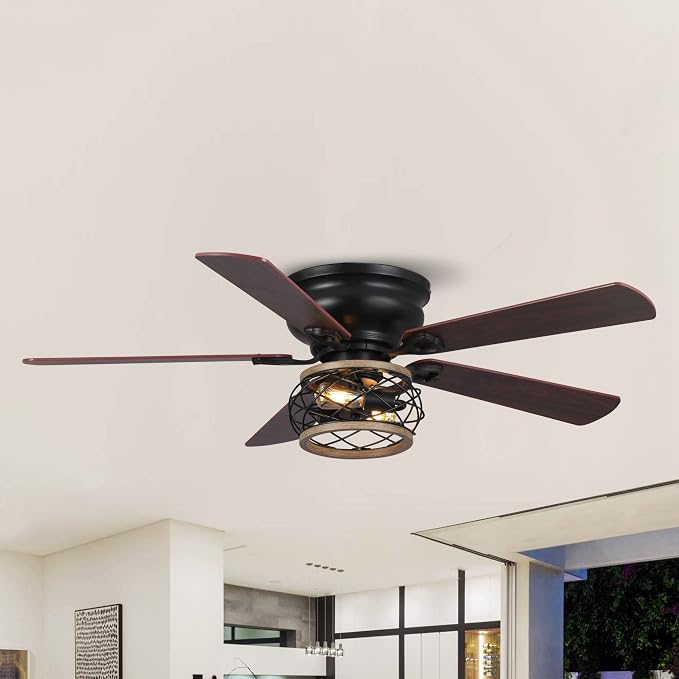 48 Inch Farmhouse Ceiling Fan with Light, Industrial Flush Mount Ceiling Fan with Remote Control, Low Profile Ceiling Fan for Bedroom Living Room, Timer, Black Caged Ceiling Fan for Indoor and Outdoor