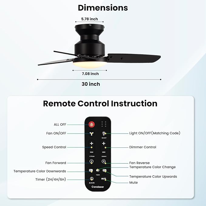 30 Inch Ceiling Fans with Lights and Remote, Bedroom Living Room Office, Flush Mount, 6CCT Dimmable, Dual Color 3 Blades 6 Speed Reversible Quiet DC Motor, Black/Wood Grain