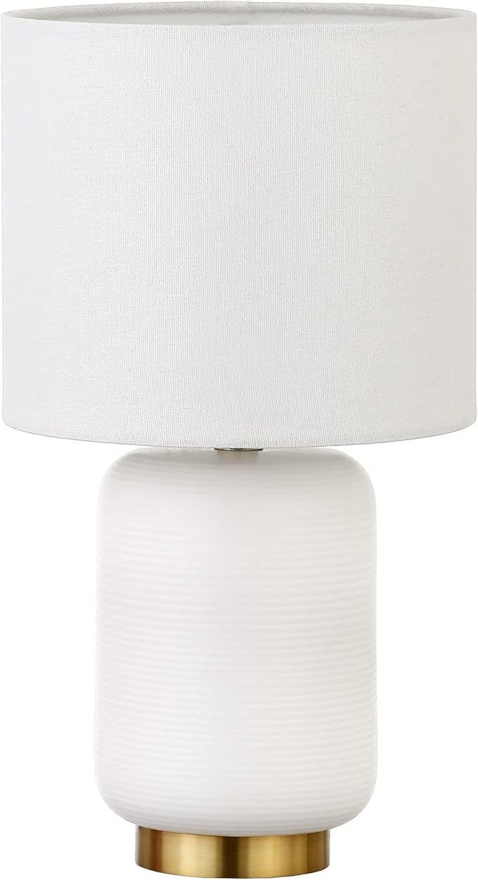 Henn&Hart 15" Modern 1-Light Table Lamp with Chiffon White Fabric Drum Shade for Living Room, Bedroom, or Office, Flat White/Gold