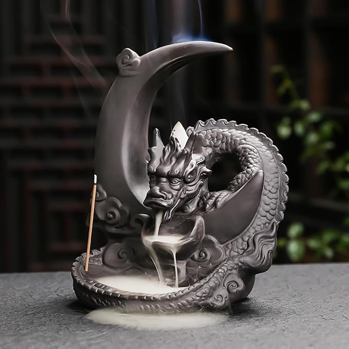 Moon Dragon Incense Burner - Ceramic Incense Waterfall Burner Dragon Smoke Fountain Incense Holder with Cones & Tweezer & Mat for Aromatherapy/Yoga/Home/Office Decor