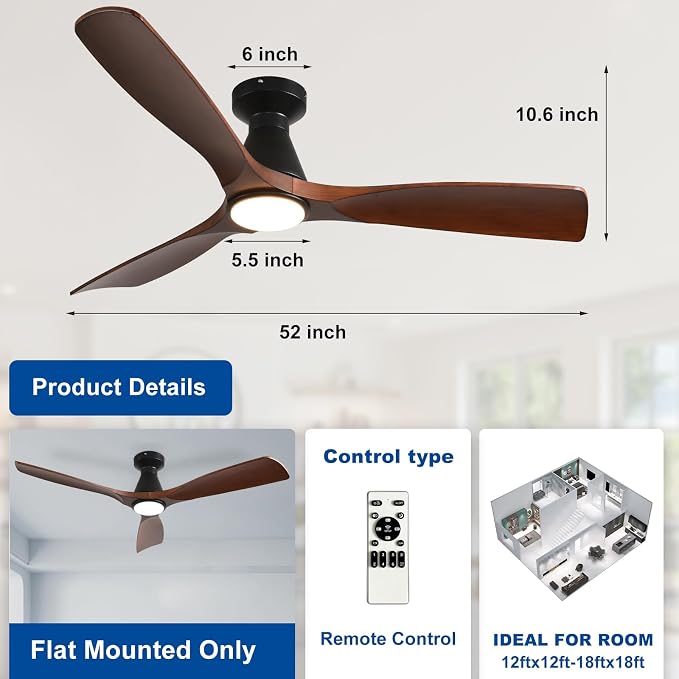 Depuley 52-Inch Ceiling Fans with Lights: Walnut 3 Blade Flush Mount Low Profile Ceiling Fan for Bedroom - Dimmable Indoor Outdoor Fan with Remote Control Ultra Quiet DC Motor Timer