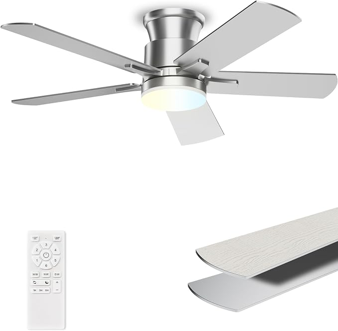 Flush Mount Ceiling Fans with Lights 42 Inch, Remote Control, 3CCT Dimmable, 6 Speeds, Noiseless Reversible DC Motor, Low Profile Silver Nickel Ceiling Fan for Living Room, Patio, Indoor/Outdoor, ETL