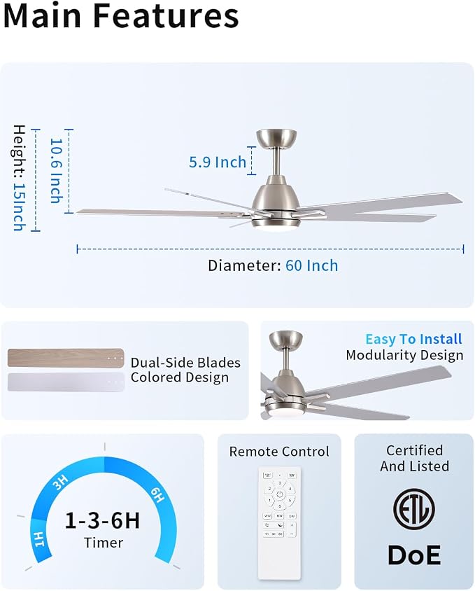 60 Inch Downrod Brushed Nickel Ceiling Fan with Light & Remote, ETL Listed | 6 Speed, Quiet DC Motor, 3-Level Timer Function, 3 Color Temperature, Forward/Reserve For all Seasons, Indoor/Covered Outdoor