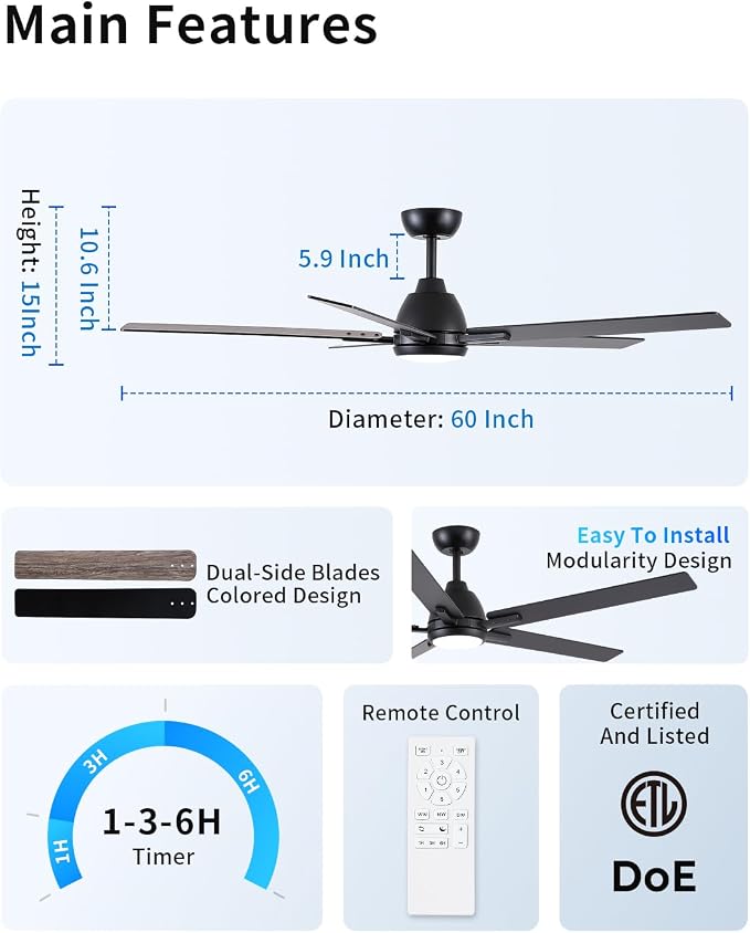 Sevenine 60 Inch Downrod Black Ceiling Fan with Light & Remote, ETL Listed | 6 Speed, Quiet DC Motor, 3-Level Timer Function, 3 Color Temperature, Forward/Reserve For all Seasons, Indoor/Covered Outdoor