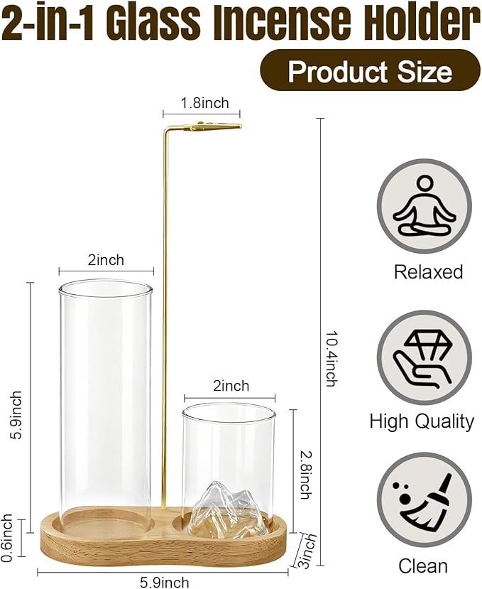 2-in-1 Glass Incense Holder for Sticks, Wooden Incense Burner with Ash Catcher & Incense Storage, Anti-Ash Flying Incense Stick Holder for Meditation, Yoga, Spa, and Home Decor(Natural Wood)