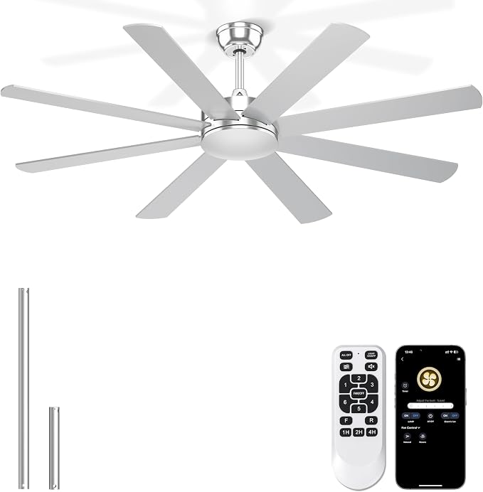 60'' Silver Ceiling Fan With No Lights for Indoor/Covered Outdoor | Remote/APP Control, 5980 CFM Airflow, Quiet DC Motor, Reversible Airflow, 8 Blades Modern Overhead Fan for Patio, Garage