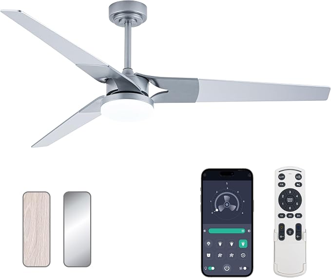 Ceiling Fan with Lights and Remote, 3 Blade App Control Timer Reversible Stepless Brightness and Color Temperature Outdoor Wood Ceiling Fan with Lights (Silver, 60 In'ch)