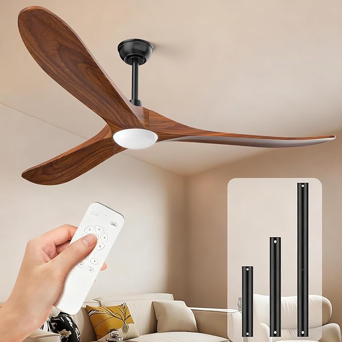 Obabala 70" Outdoor Ceiling Fan with Light and Remote, Solid Wood 3-Blade Ceiling Fan with DC Motor for Patio and Farmhouse, Dark Walnut
