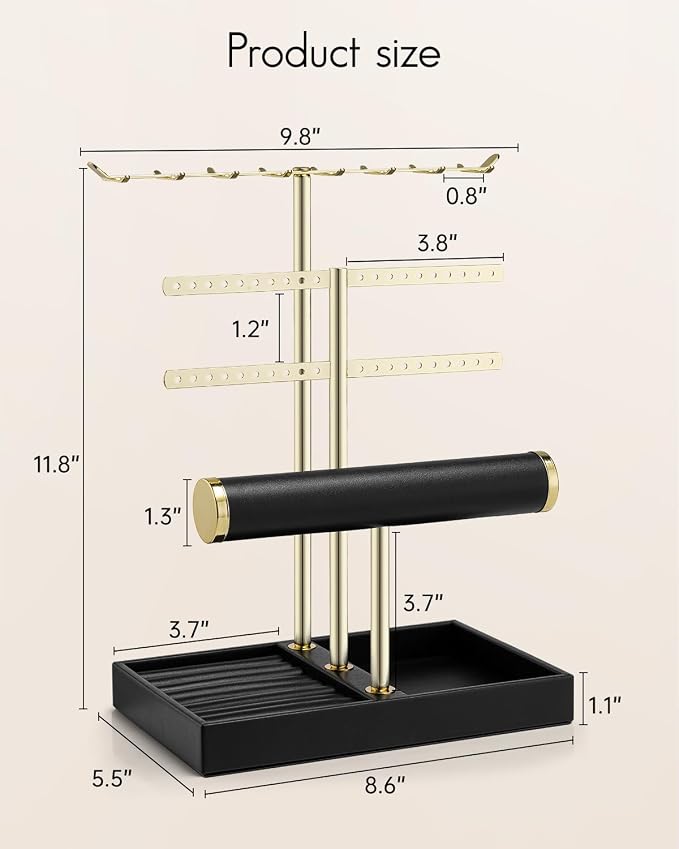VLANDO 3 Tier Jewelry Stand Organizer with Tary, Leather Jewelry Holder Display for Women, Gold Jewlery Holder Display for Necklace, Earring, Bracelet, Rings - Black