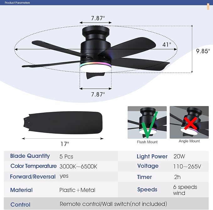 Wiviniya 41 Inch Black Flush Mount Ceiling Fans with RGB Lights, 5 Reversible Blades, 6-Speed 2H Timer, RGB & 3 CCT Dimmable, Remote & APP Control for Bedroom Living Room