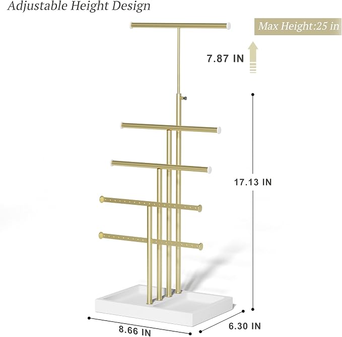 Love-KANKEI Jewelry Organizer Stand 5-Tier,Adjustable Height,White/Gold | Metal Rod,Solid Wood Base,Easy to Install,Tree Style,Display Long Necklaces,Bracelets,Earrings,Rings,Watches,Bangles,Gift