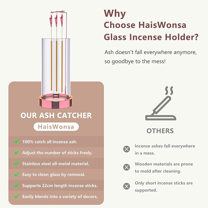 Incense Holder Ash Catcher - Upside Down Glass Incense Holder for Sticks, Reverse Inverted Anti Ash No Mess Insence-Stick Holder, Modern Metal Decorative Vertical Incense Burner, Rose Gold