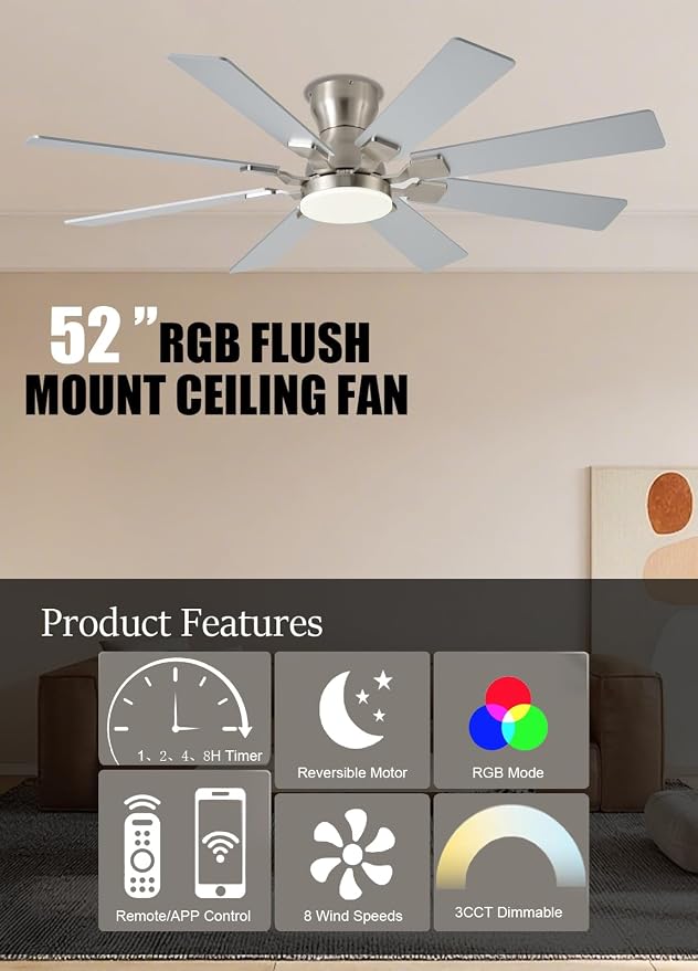 JSAITEE 52 inch Ceiling Fan with Light, 6 Speeds Reversible Low Profile Ceiling Fan with Light and Remote/APP Control, 3 Color Temp+Dimmable RGB, 8 Blades, Flush Mount Quiet Ceiling Fans, Nickel