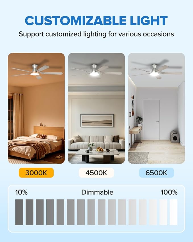 UME 60" Ceiling Fan with Lights & Remote, 6 Blades Low Profile Ceiling Fan, Quiet DC Motor, Natural Wind, 6 Speeds, 3CCT Dimmable 20W LED Modern Ceiling Fan for Bedroom, Living Room, Nickel