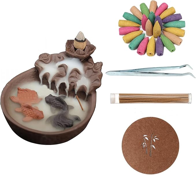 Backflow Incense Holder Burner Lotus Goldfish Pond Handicraft Censer Ceramic Incense Stick Holder Waterfall Back Flowing Incense Burner + 20 Backflow Incense Cones 30 Incense Sticks 1 Tweezer 1 Mat