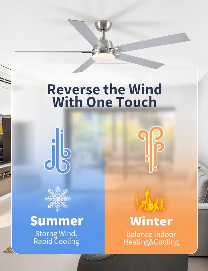 Rayqueen 60Inch Brushed Nickel Ceiling Fans with Lights and Remote,Downrod | 6 Speed Reversible DC motor,3-color temperature dimmable LED.For indoor/covered outdoor.Modern style for bedroom room