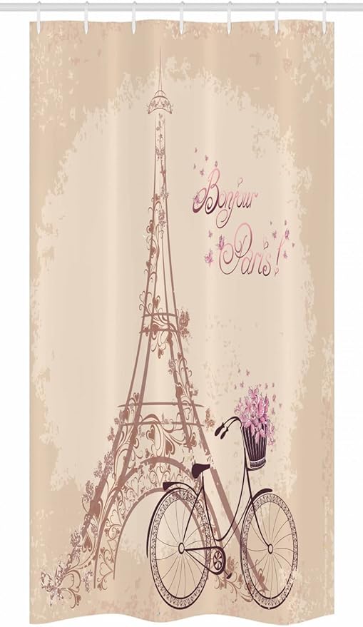 Ambesonne Paris Stall Shower Curtain, Bonjour France Eiffel Tower and Vintage Bicycle Flowers Retro Soft Color Print, Fabric Bathroom Decor Set with Hooks, 36" W x 72" L, Cream Pink