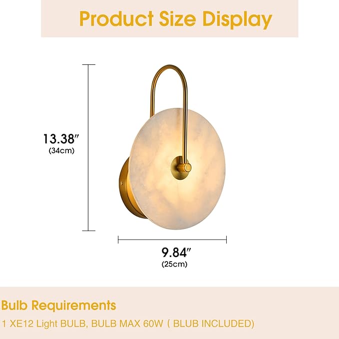 Round Alabaster Wall Sconce, Natural Marble Lampshade Wall Sconce, Hardwired Circular Sconce LED Modern Wall Lamp for Bedroom, Stairs, Living Room, Bedside, Hallway 9.84 Inch Gold