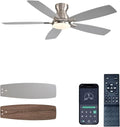 NKPU Ceiling Fans with Lights, Low Profile Ceiling Fan with Light and Remote/APP Control, DC Motor, Noiseless, Flush Mount, 52inch Nickel Ceiling Fan for Bedroom Indoor/Outdoor Use