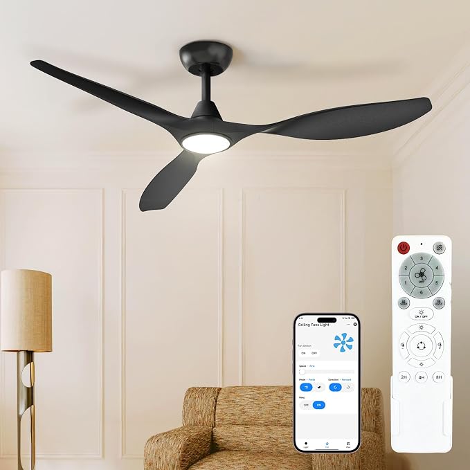 Roomratv Ceiling Fans with Lights and Remote Control,Quiet Noiseless Reversible DC Motor,6 Speeds,Timers, 3 CCT, Indoor Use, Plastic Blades,52 Inch Black Ceiling Fan Smart APP Control for Living Room