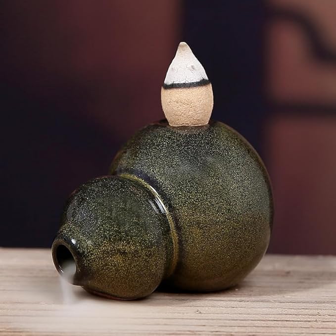 Ceramic Backflow Incense Burner, Gourd-Shaped Waterfall Smoke Holder, Handmade Classical Zen Incense Holder for Meditation, Home Decor & Tea Room