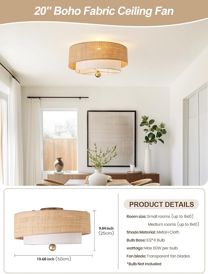 Flush Mount Ceiling Fan with Lights, 20" Caged Boho Ceiling Fan with Light Remote Control, Low Profile Bladeless with 6 Speeds, Drum Rattan Fabric for Bedroom, Nursery, Dining Room, Living Room