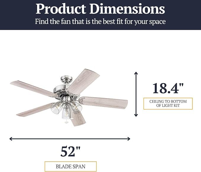 Prominence Home Saybrook Modern Farmhouse 52 Inch Ceiling Fan with Light, LED Ceiling Fan, Tri-Mount Indoor Fan with 5 Blades, Gray Oak and Brown Walnut Blade Finish Options, Matte Nickel (51592-01)