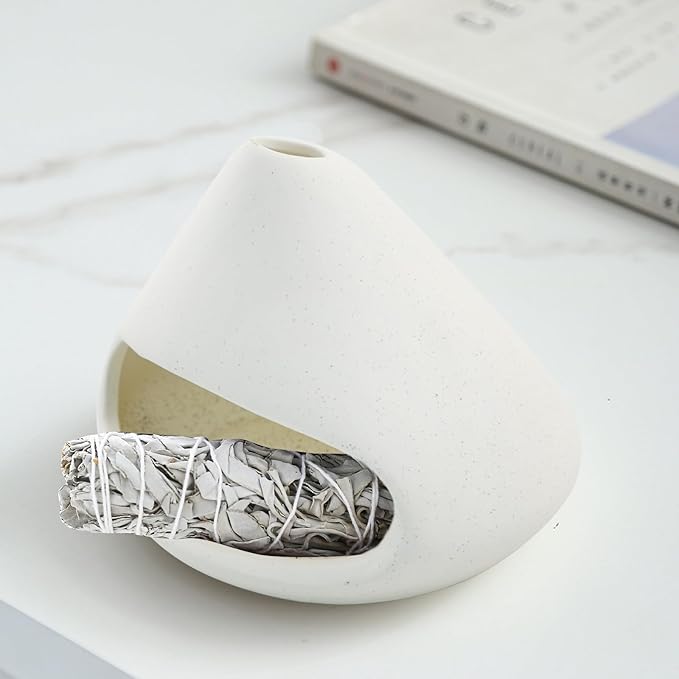 Palo Santo Holder Ceramic Incense Burner Holder Sage Holder for Burning, Ash Catcher Mini Chiminea Unique Home Decor for Meditation/Yoga (White)