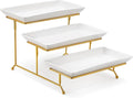 MALACASA 3 Tier Serving Trays for Party, 12 Inch Porcelain White Trays for Serving Food, Dessert Stand with Collapsible Gold Metal Rack | Tiered Serving Stand for Party, Fruit Tray, Trays for Serving Food, Dessert Stand with Collapsible Sturdier Gold M...
