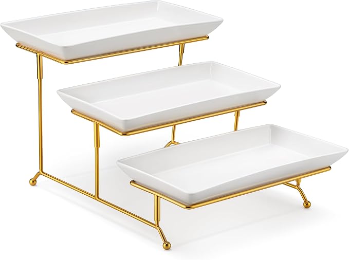 MALACASA 3 Tier Serving Trays for Party, 12 Inch Porcelain White Trays for Serving Food, Dessert Stand with Collapsible Gold Metal Rack | Tiered Serving Stand for Party, Fruit Tray, Trays for Serving Food, Dessert Stand with Collapsible Sturdier Gold M...
