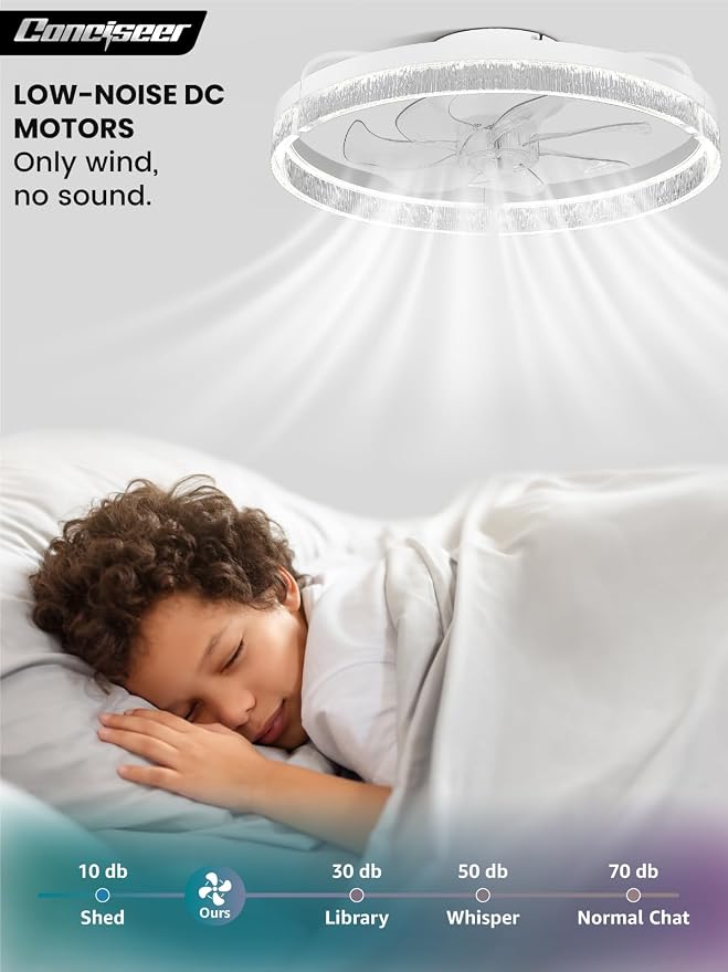 Conciseer 20 Inch Ceiling Fans with Lights and Remote, Flush Mount,3CCT 3000-6500K Dimmable 4W-35W, Low Profile 6 Speed Reversible Quiet DC Motor for Bedroom, Kids Room and Living Room, White