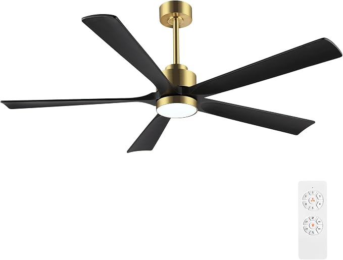 ELEHINSER 52" Modern Ceiling Fan with Light and Remote Control, 5 Solid Wood Blades 6-Speed Noiseless Reversible DC Motor, for Bedroom Dinning Living Room, Gold Finish with Black Blades