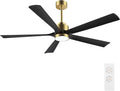 ELEHINSER 52" Modern Ceiling Fan with Light and Remote Control, 5 Solid Wood Blades 6-Speed Noiseless Reversible DC Motor, for Bedroom Dinning Living Room, Gold Finish with Black Blades