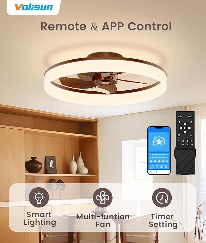 VOLISUN Low Profile Ceiling Fans with Lights and Remote, 20in Fandelier Ceiling Fan Flush Mount, 3000K-6500K Smart Bladeless LED Fan Light, Farmhouse Ceiling Fans with Lights for Bedroom(Wood)