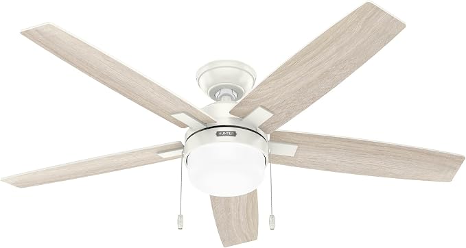 Hunter 52 inch Indoor Ceiling Fan with LED Light - White Ceiling Fan with Pull Chain, for Bedroom or Living Room, Standard Mount, No Remote, 5 Blades, Includes Bulbs - Anisten 52487, Fresh White | Standard Mount, Pull Chain, 5 Blades, For Bedroom, Livi...