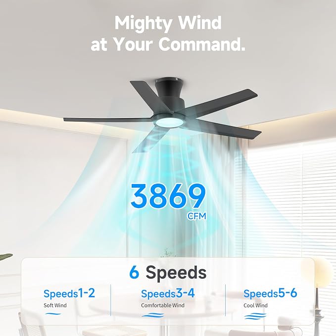 ocioc 44 inch Ceiling Fans with Lights and Remote, Dimmable Ceiling Fans with Reversible Quiet DC Motor, Flush Mount, 3CCT, Black Ceiling Fan for Bedroom Living room Indoor/Outdoor
