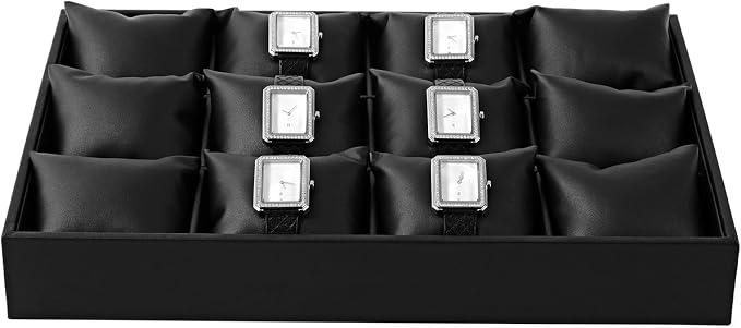 Oirlv Black Leather Watch Organizer Tray for Desktop Display | Smooth leather surface, 13.78×9.45×1.97in, large capacity, ideal for watch storage, desktop display & jewelry showcase
