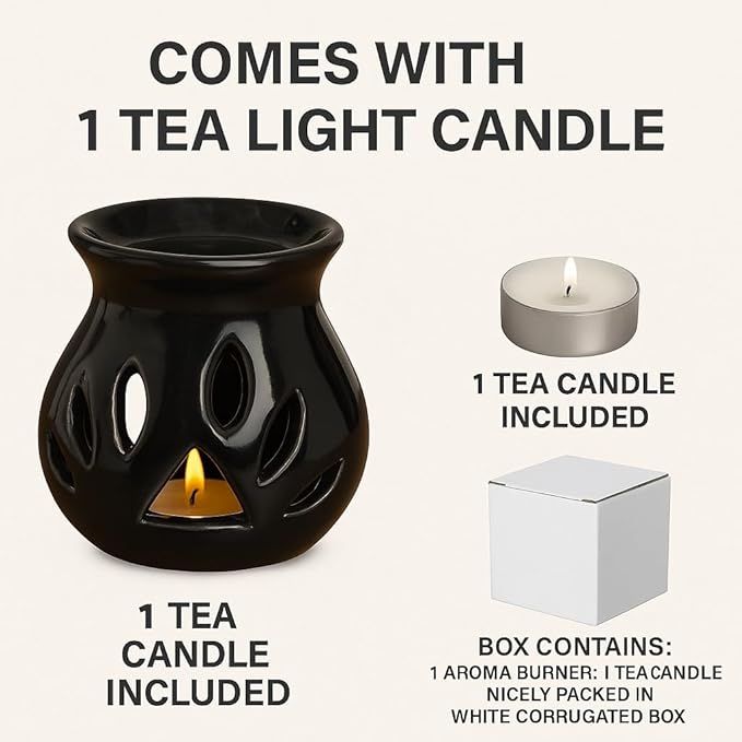 Pure Source India Ceramic Essential Oil Burner Wax Melt Burners |Aromatherapy| Ceramic Oil Diffuser| Candle Tealight Holder (Set of 1) Home Bedroom Decor Christmas Housewarming Gift, Black