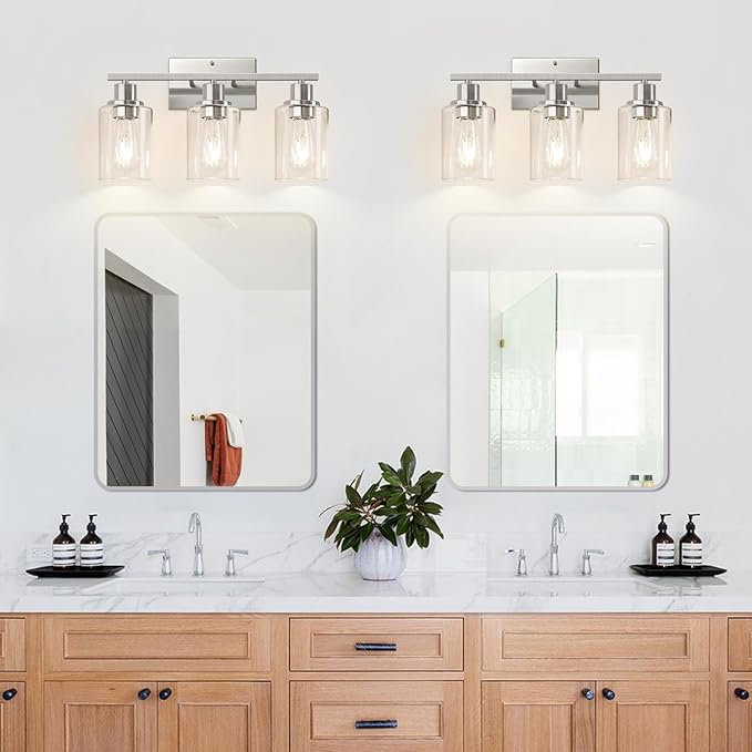 Indoi 3-Light Bathroom Light Fixtures, Brushed Nickel Modern Vanity Lights with Clear Glass Shades, Bathroom Wall Lamp for Mirror Living Room Cabinet Bedroom Porch