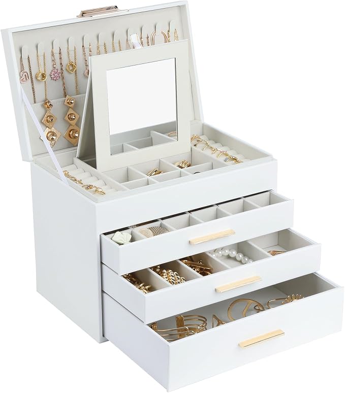 BOOVO Jewelry Boxes for Women, White and Black 6 Layer Large Jewelry Box for Necklace, Bracelet, Earrings, Rings Storage, Jewelry holder Organizer for Girls Gift (White, 5 Layer)