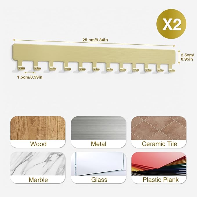 Necklace Holder Wall Mounted,Self Adhesive Jewelry Organizer,2 Pack,Gold | Modern Design,24 Hooks,Self Adhesive No Drilling,Durable 304 Stainless Steel,for bedroom/closet/bathroom/vanity